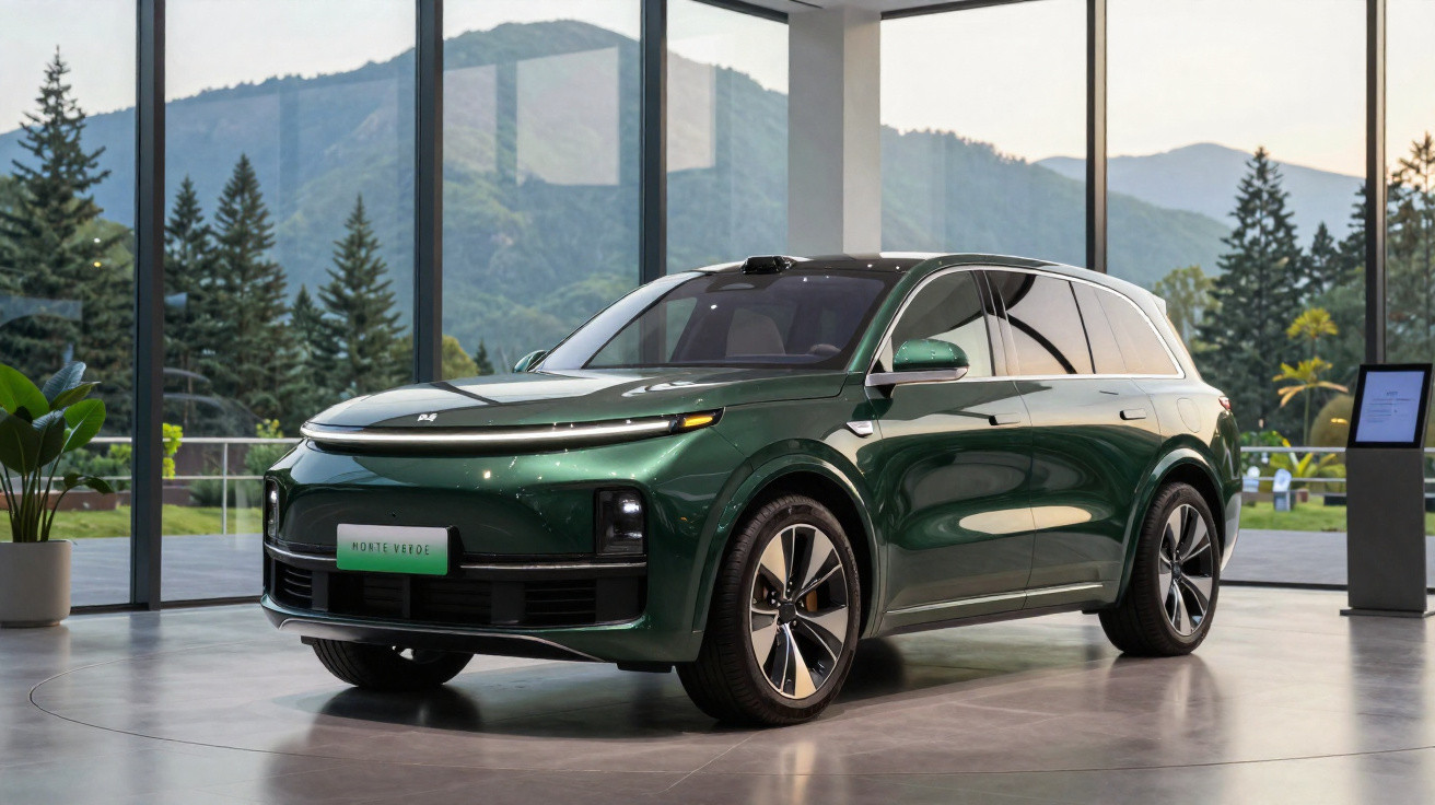 Carro SUV elétrico verde exposto em ambiente moderno com grandes janelas e vista para montanhas e árvores.