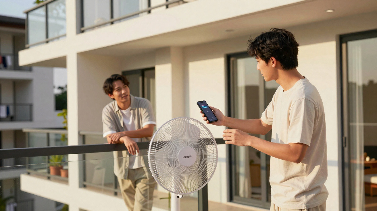 Dois homens conversando no terraço de um prédio, um controla ventilador com smartphone.