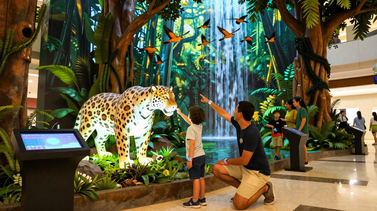 Pai e filho observam e apontam para escultura iluminada de onça em exposição de floresta com cachoeira em shopping.