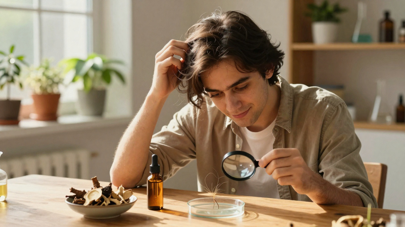 Jovem observa uma raiz com lupa sobre mesa com plantas e frascos em ambiente claro e aconchegante.