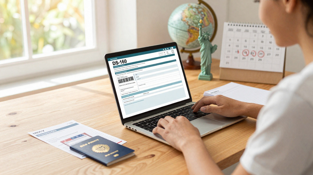 Pessoa preenchendo formulário DS-160 no laptop com passaporte, cartaz e calendário na mesa de madeira.
