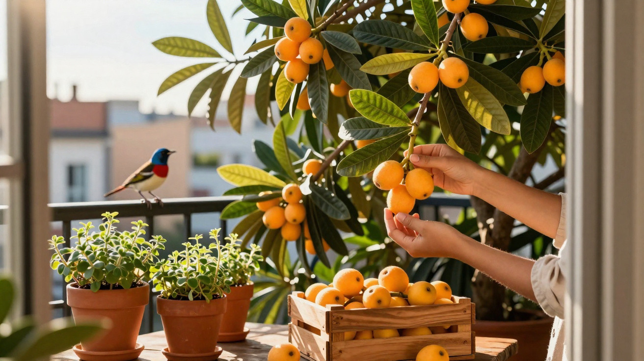 Pessoa colhendo frutos laranja de uma árvore em varanda com pássaro e plantas em vasos.