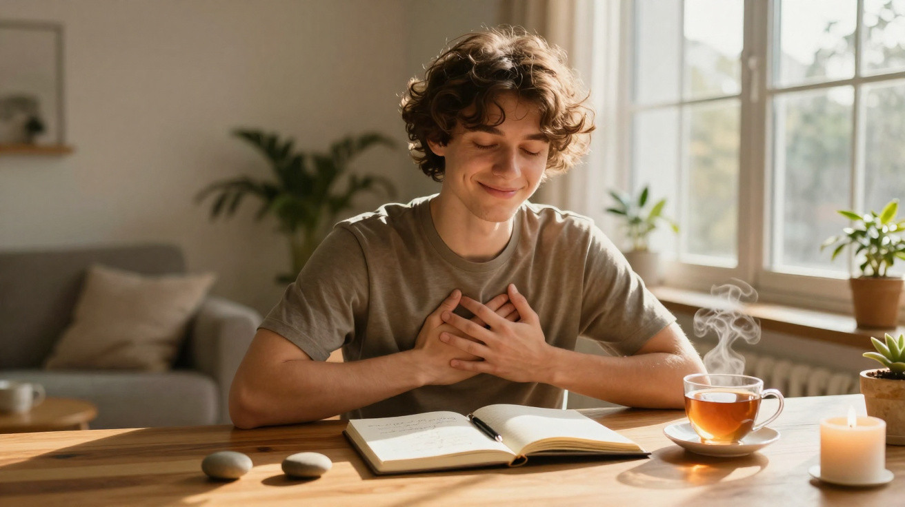 Jovem sorrindo e segurando as mãos no peito, sentado à mesa com livro aberto, chá e vela acesa.