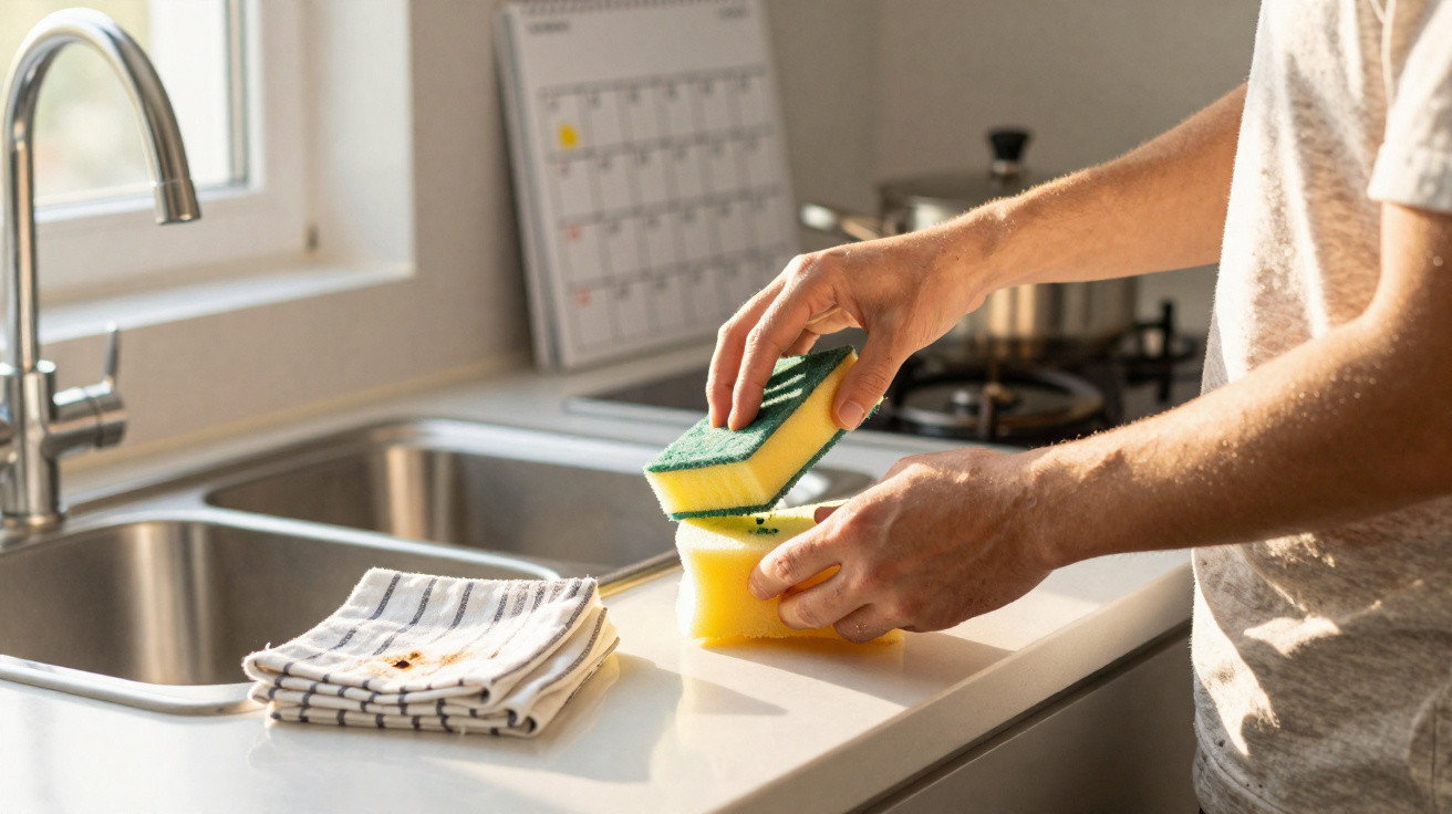 Pessoa segurando duas esponjas de lavar pratos ao lado de pia de cozinha com pano dobrado.