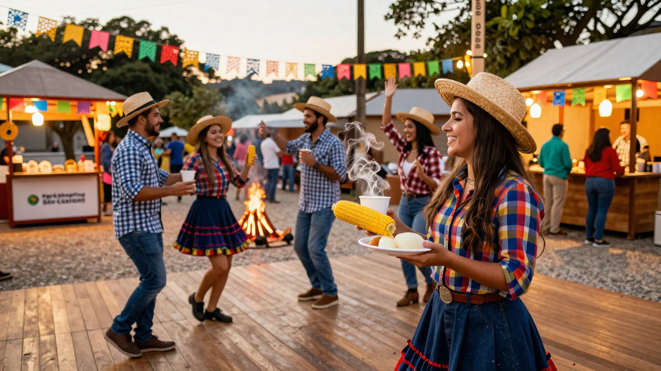 Jovens em festa junina com roupas típicas, bandeirinhas coloridas e fogueira ao fundo.