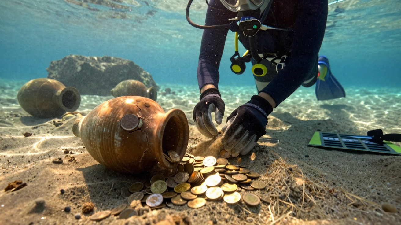 Mergulhador coletando moedas de jarros antigos no fundo do mar com agua clara e areia.