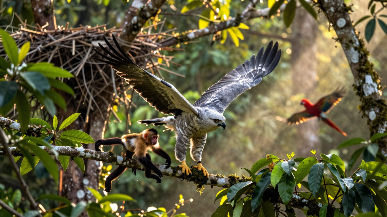 Gavião branco prestes a voar com macaco-prego em galho de árvore na floresta tropical.