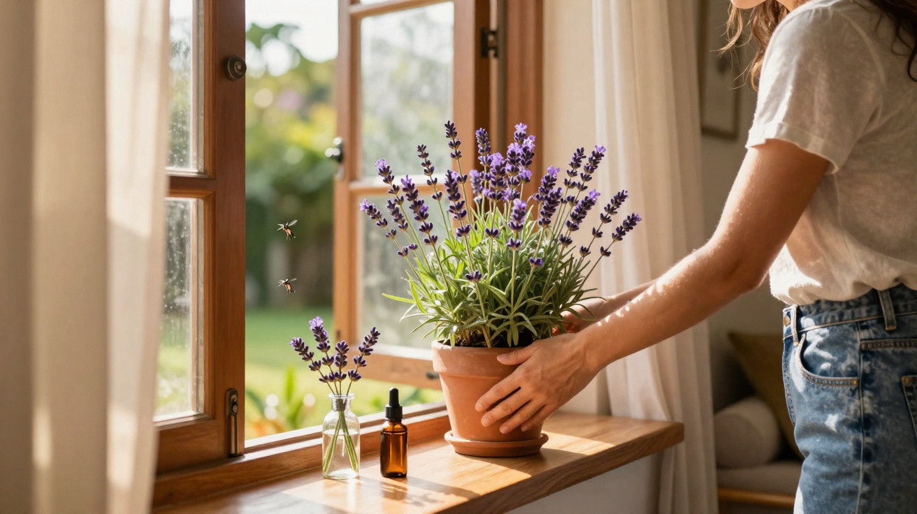 Pessoa segurando vaso com planta de lavanda perto de janela aberta em ambiente iluminado pela luz natural