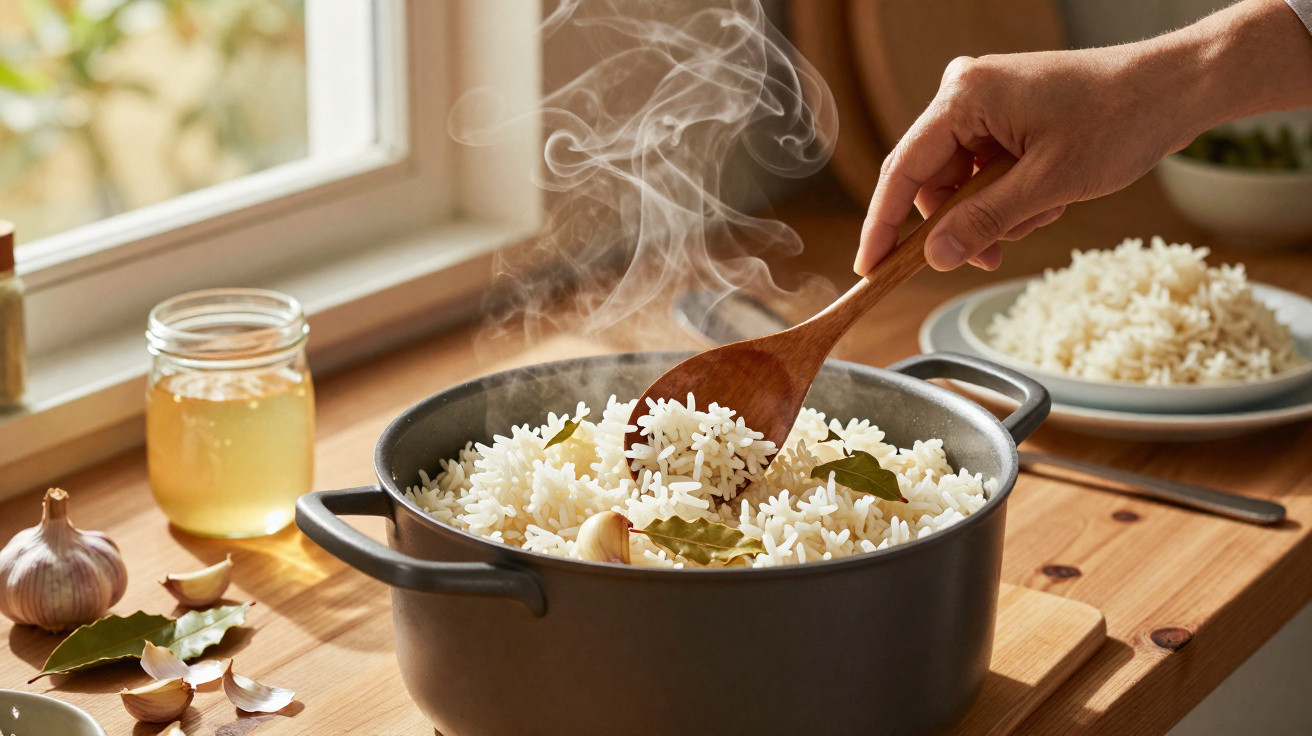 Panela preta com arroz branco quente, com folha de louro e alho, sendo servido com colher de pau em cozinha iluminada.