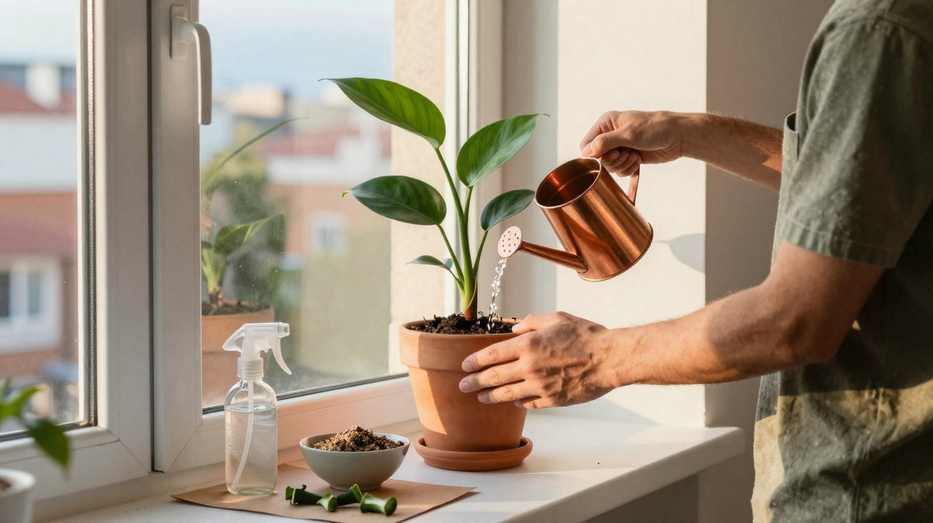 Pessoa regando planta em vaso de cerâmica na janela com regador de metal cobre.