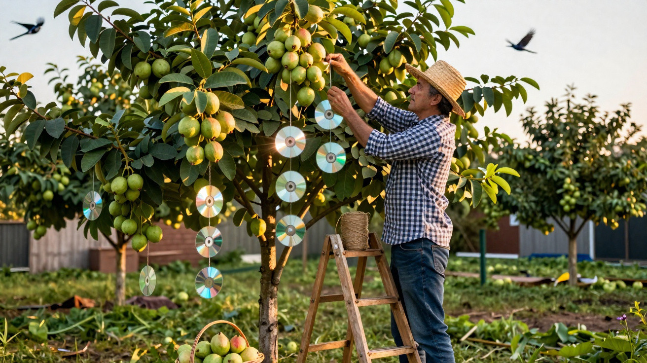 Homem em escada pendura CDs em árvore de frutas para afastar pássaros em pomar ao entardecer.