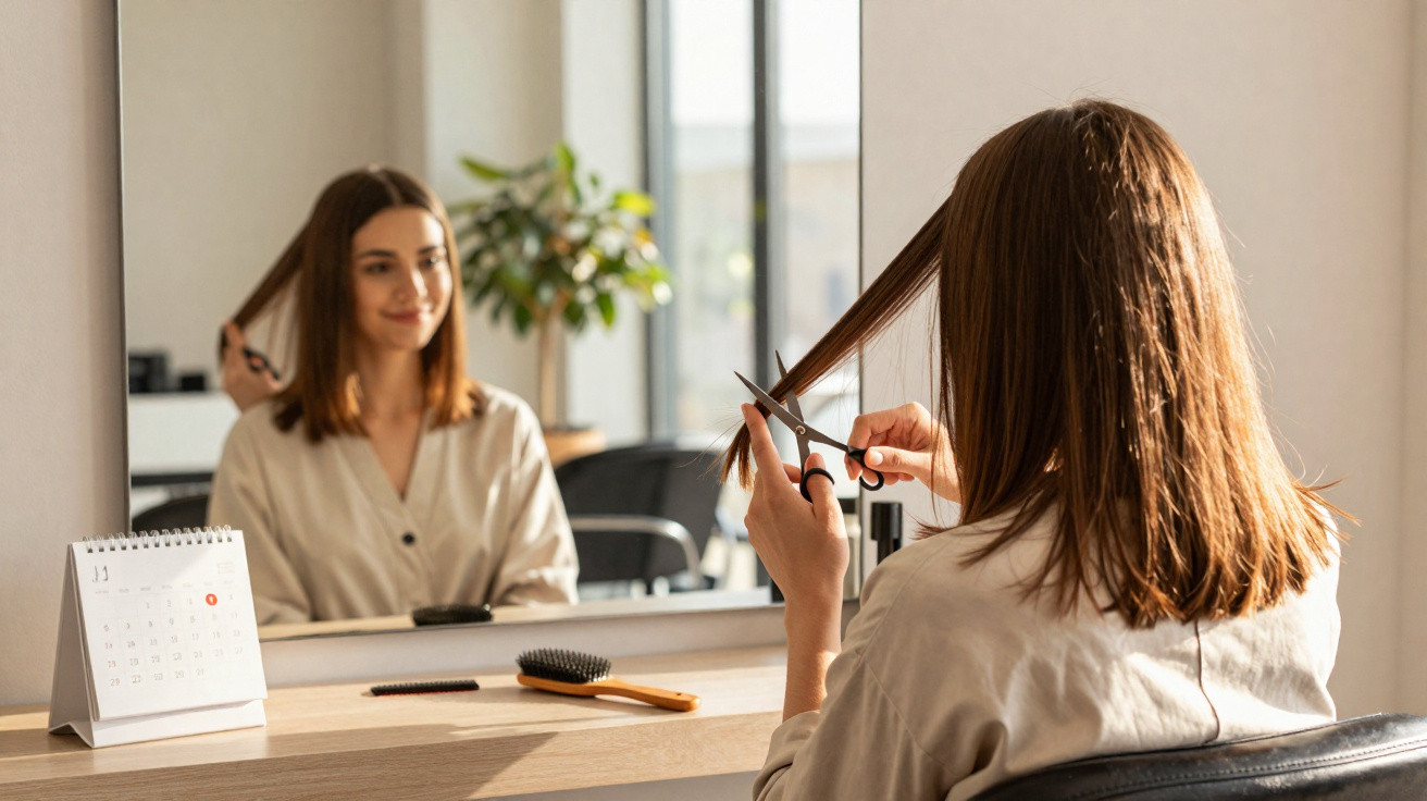 Mulher corte o próprio cabelo na frente do espelho em ambiente iluminado e moderno.