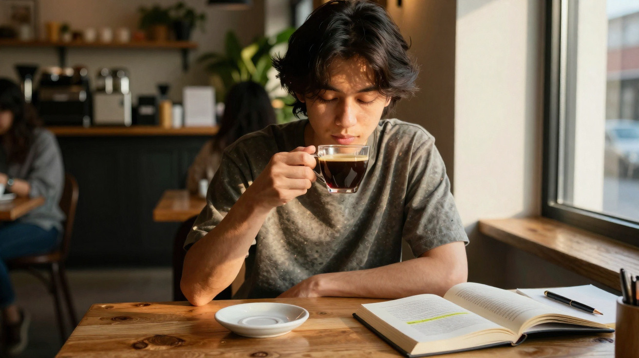 Jovem sentado em cafeteria, segurando xícara de café, lendo livro aberto sobre mesa de madeira.