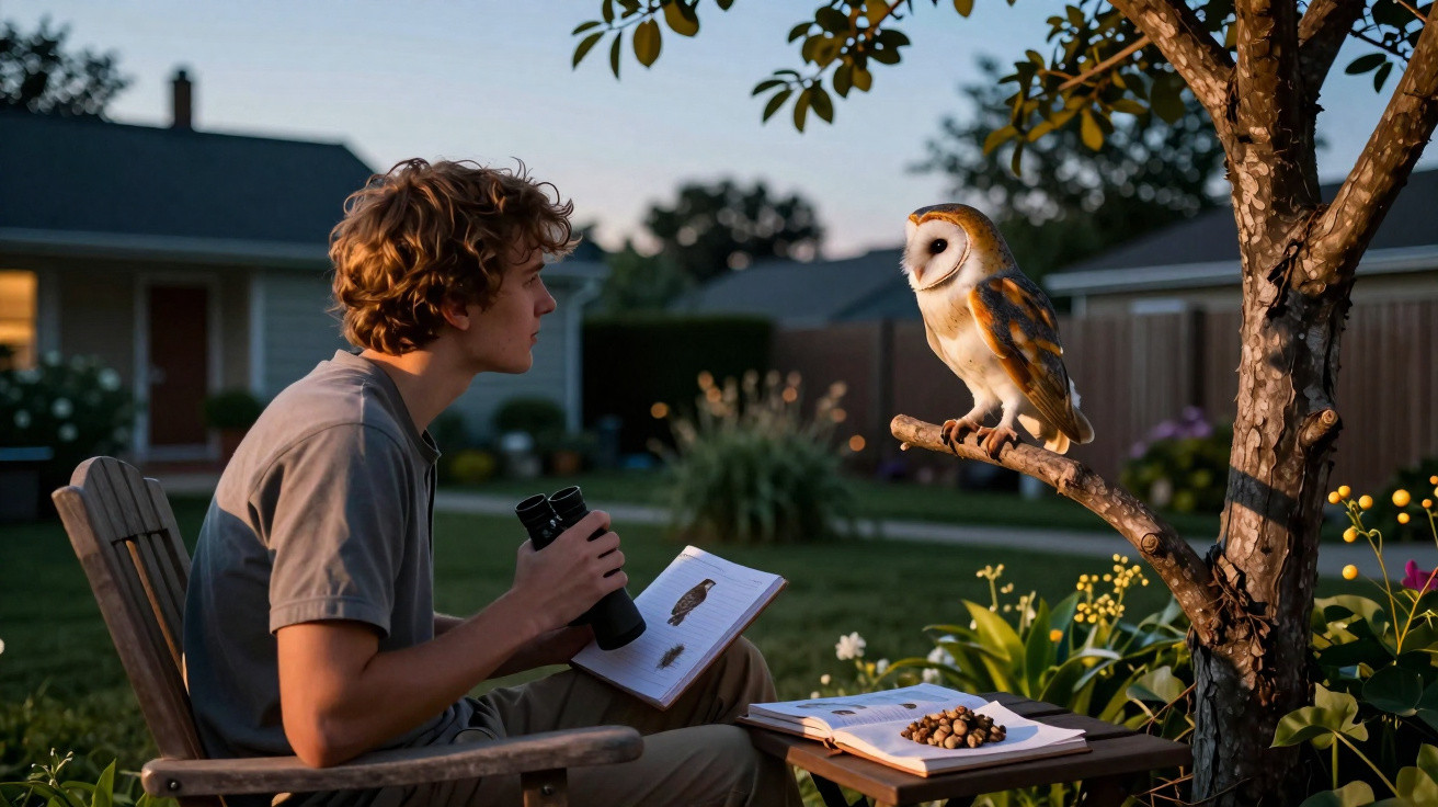 Jovem observa coruja no galho de árvore enquanto segura binóculos e caderno em jardim ao entardecer.