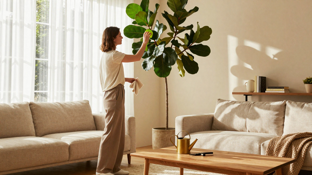 Mulher limpando folhas de planta grande em sala de estar iluminada e decorada com sofá e mesa de centro.
