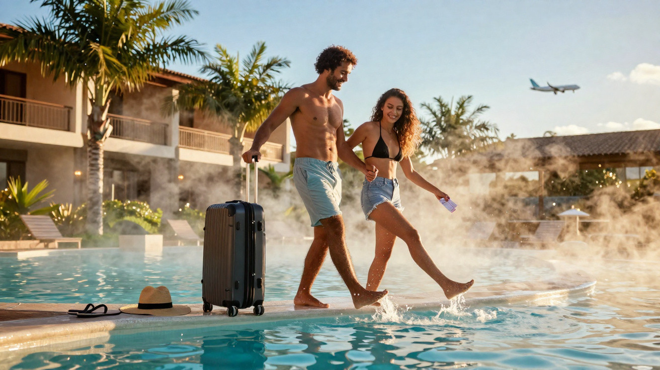 Casal sorridente de pés descalços brincando na borda da piscina em resort tropical com mala preta.