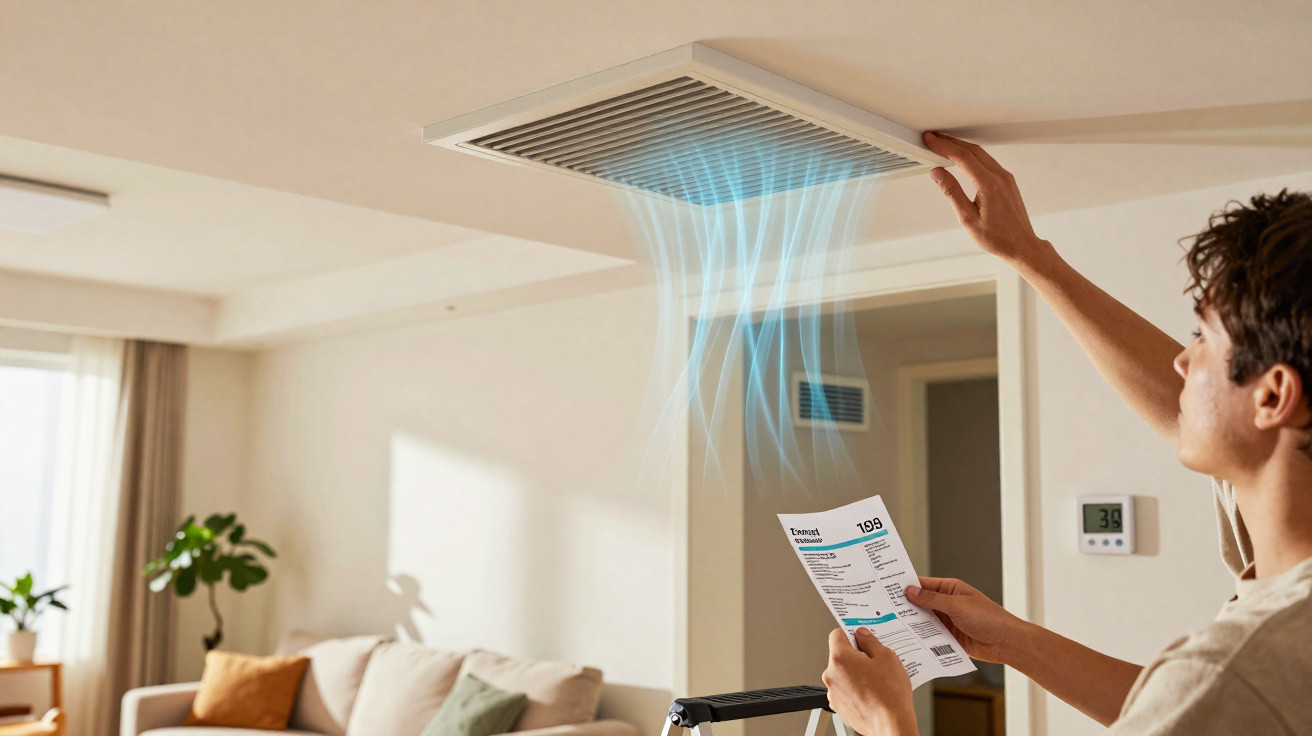 Pessoa ajustando a ventilação de um ar-condicionado de teto em sala com sofá e plantas ao fundo.