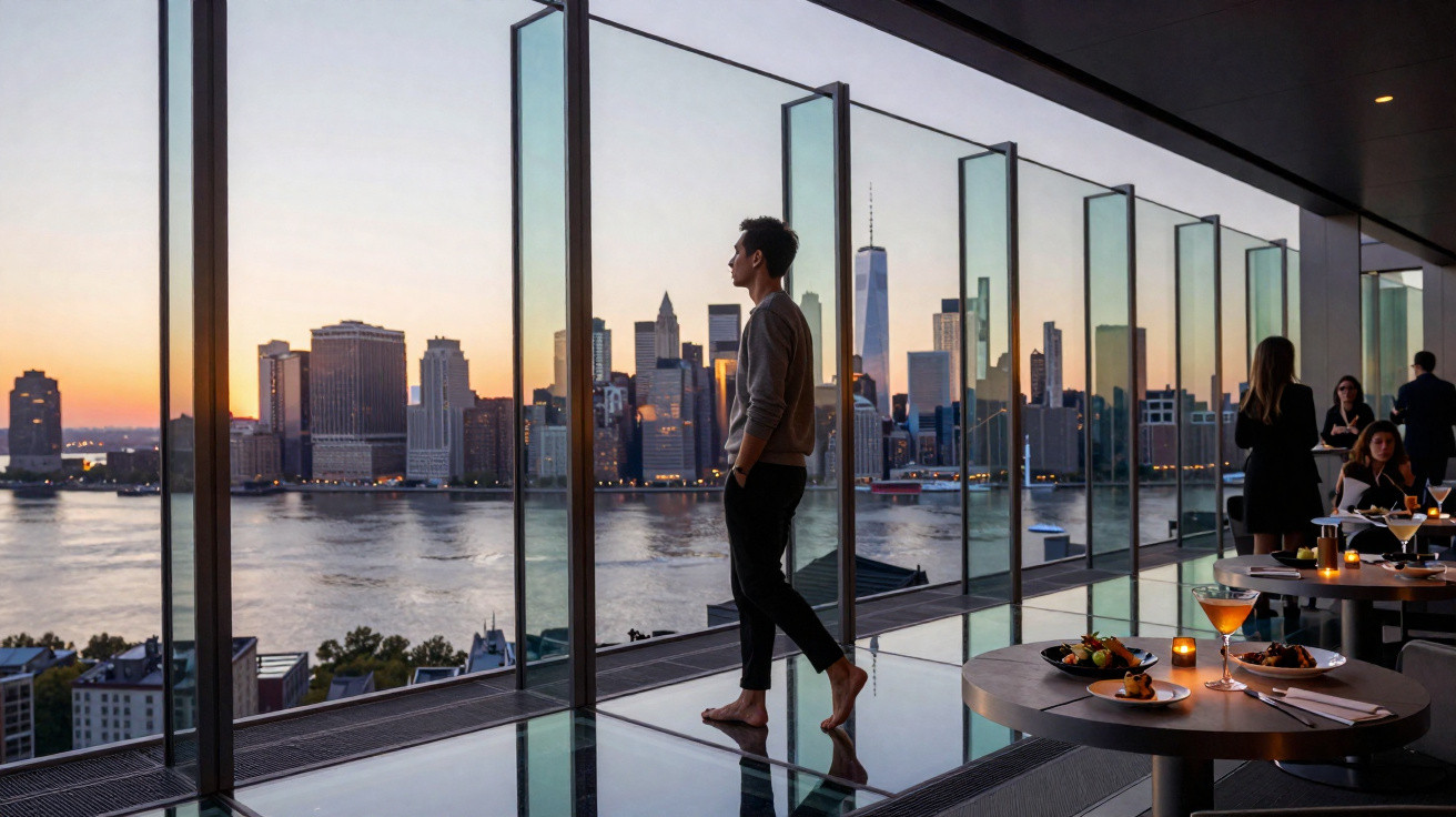 Homem descalço observa a skyline de Nova York ao pôr do sol em restaurante com janelas de vidro panorâmicas.