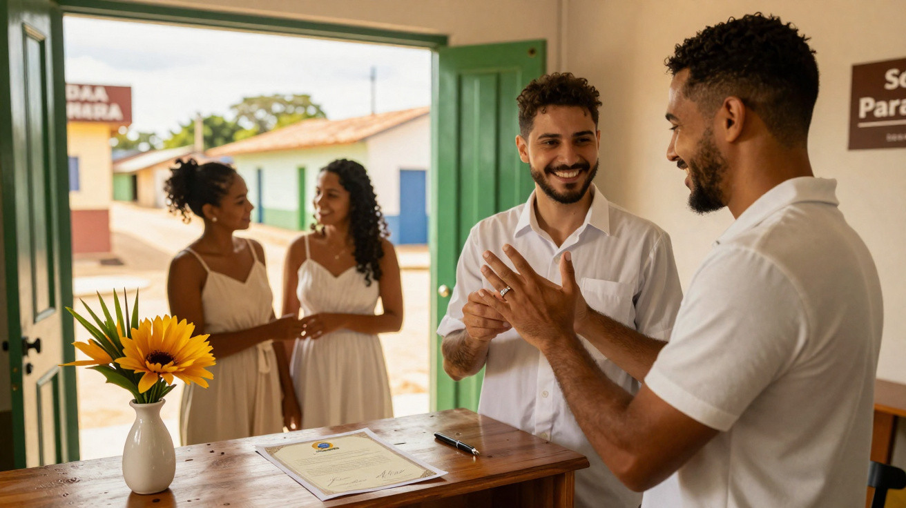 Duas mulheres conversam na porta enquanto dois homens interagem sorrindo em ambiente interno com certificado sobre mesa.