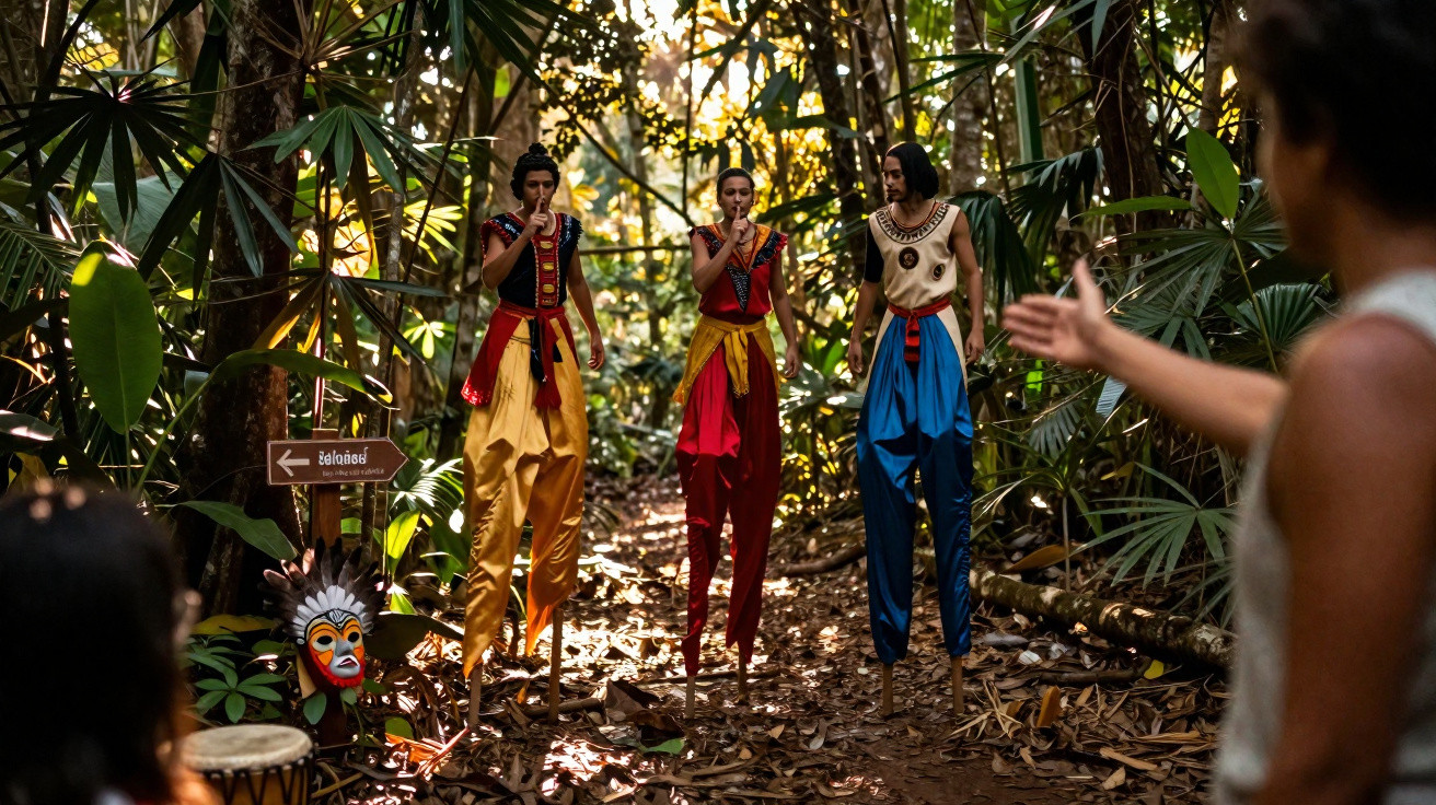 Três artistas em pernas de pau e roupas coloridas em uma floresta, com pessoas observando à frente.