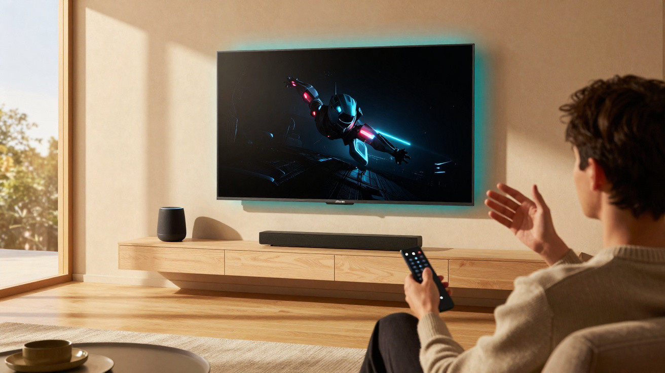 Homem sentado assistindo TV com imagem de personagem futurista em sala iluminada e moderna.