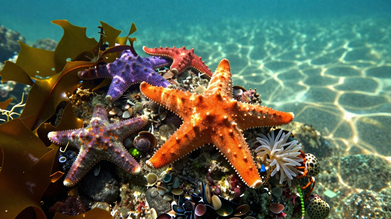 Estrelas-do-mar coloridas sobre pedras e algas no fundo do mar com água clara e luz solar.