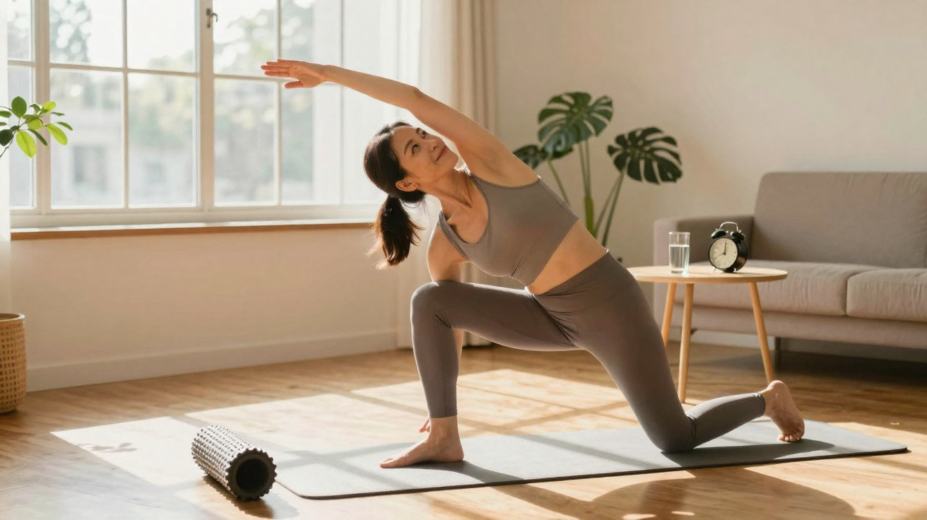 Mulher fazendo alongamento lateral em tapete de yoga em sala iluminada e arejada.