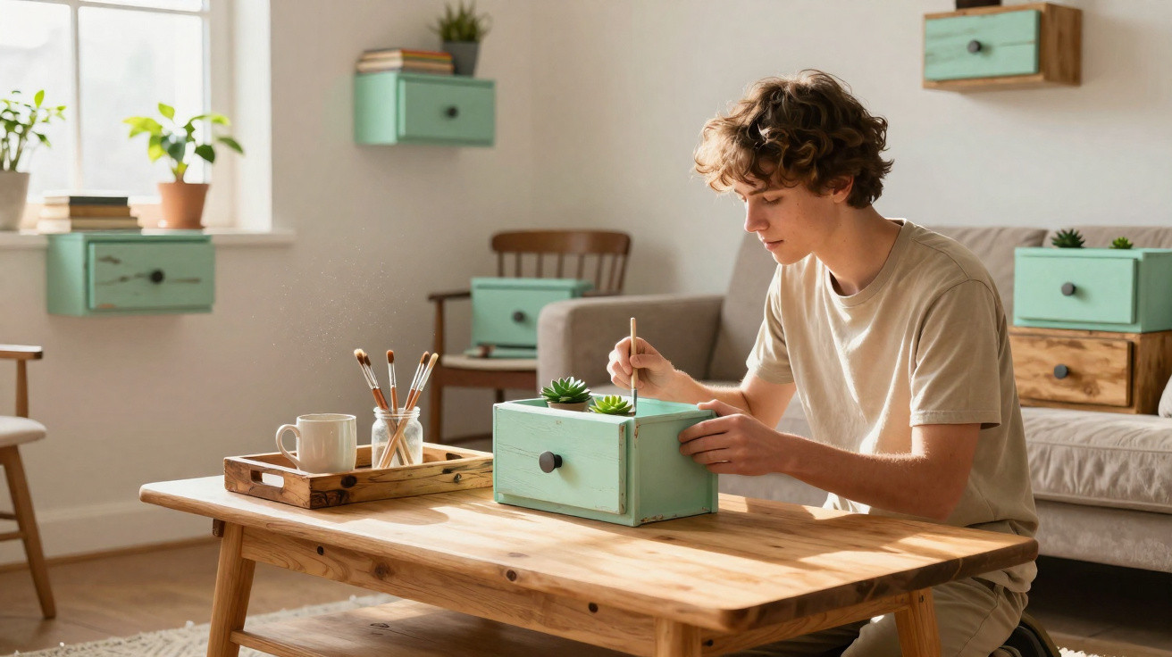 Jovem sentado pintando caixa de madeira verde com plantas suculentas em sala iluminada.
