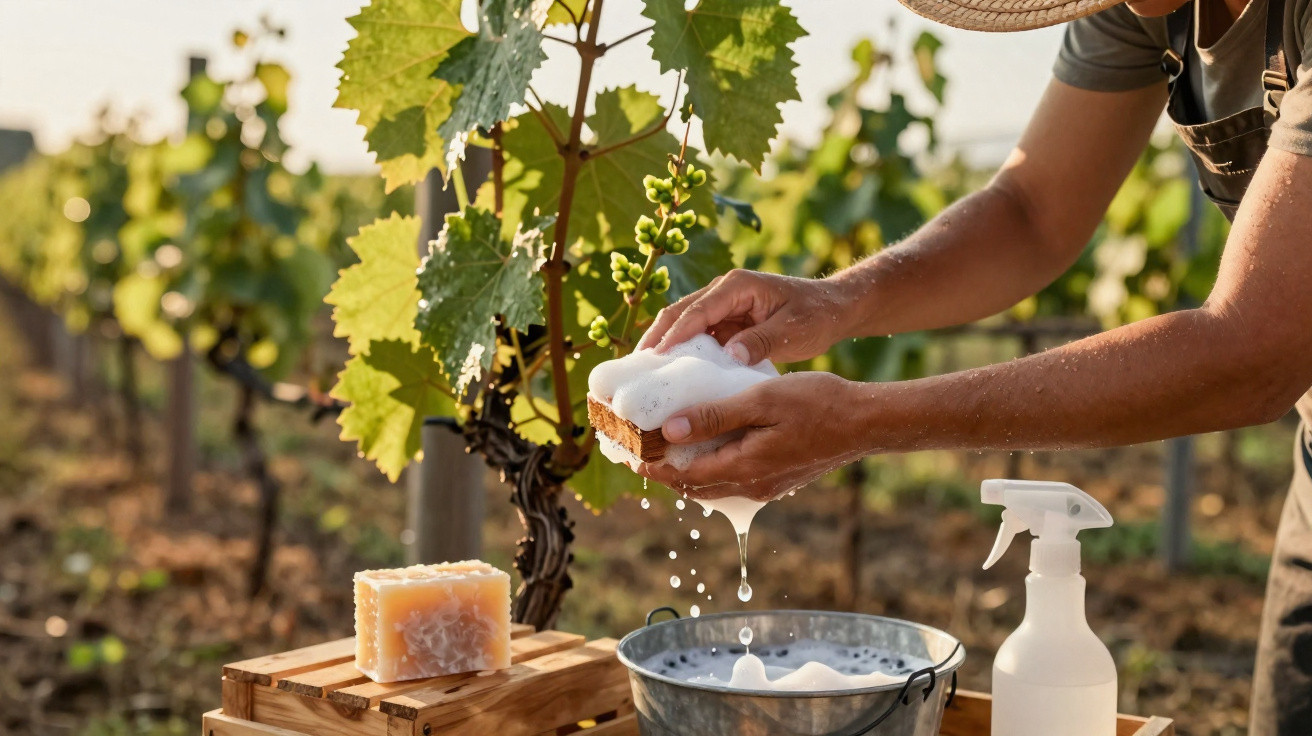 Pessoa lavando sabão com espuma ao ar livre em vinhedo, com plantações de uvas ao fundo.