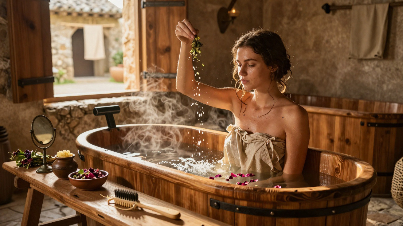 Mulher em banheira rústica adicionando ervas, ambiente aconchegante com vapor e luz natural suave.