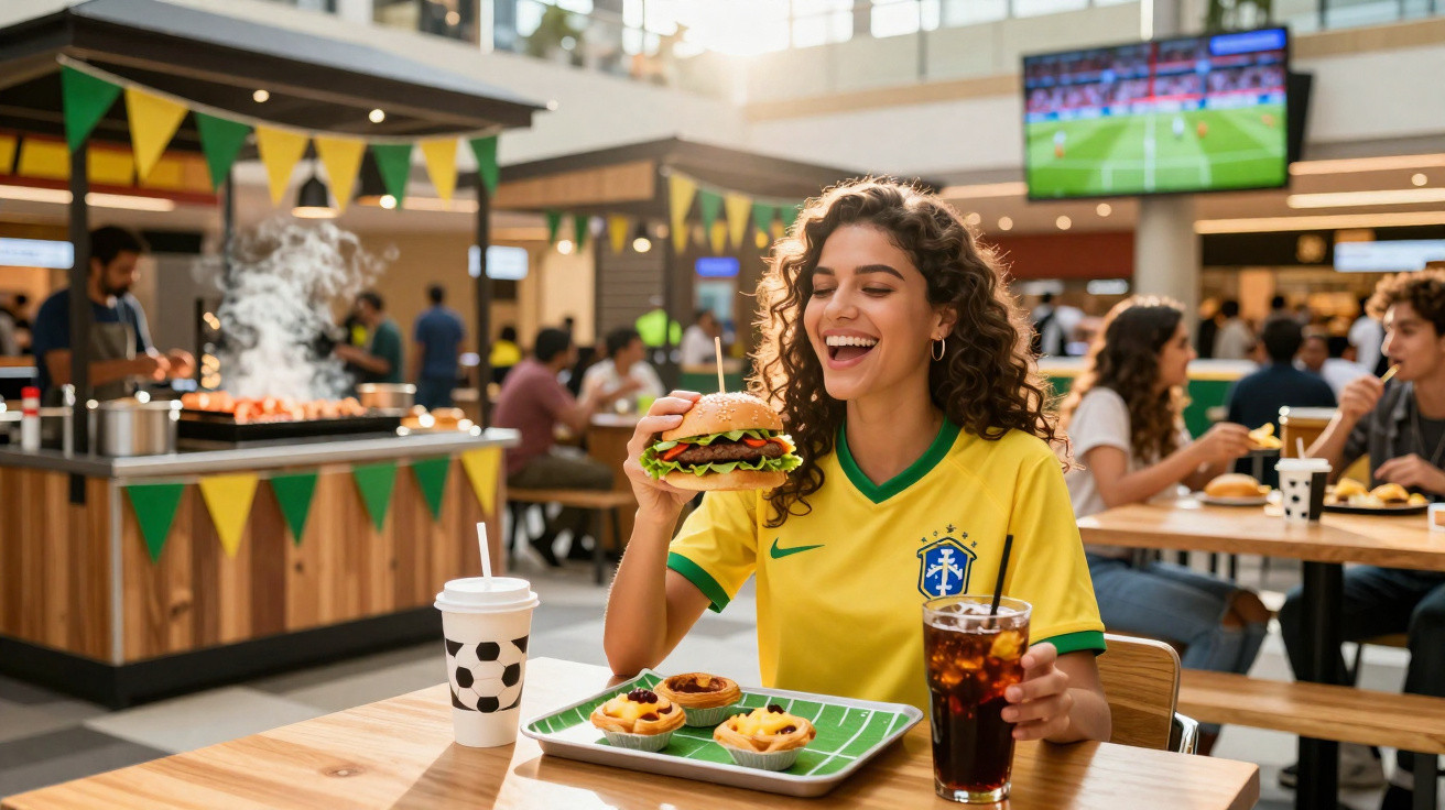 Jovem com camisa da seleção brasileira sorrindo, segurando hambúrguer em lanchonete decorada para jogo de futebol.