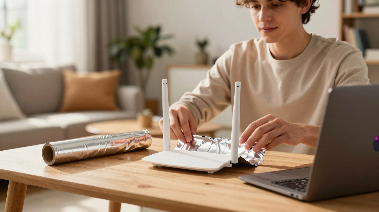 Jovem enrola folhas de papel alumínio em volta de um roteador em mesa com notebook.