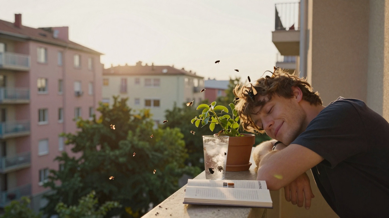Homem com cabelo bagunçado encostado no corrimão da varanda com vidro de água, livro e planta ao lado, ao pôr do sol.