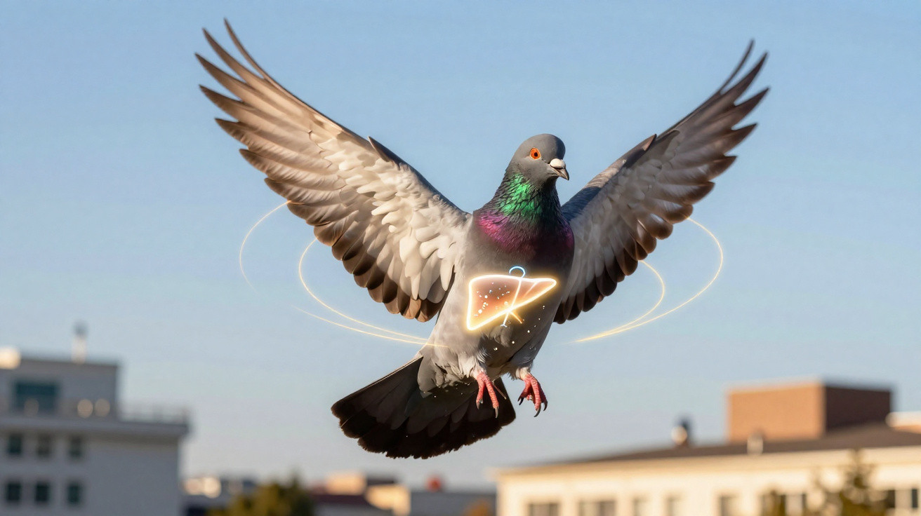 Pombo em voo com asas abertas e desenho luminoso de fígado no peito, fundo de prédios desfocados.