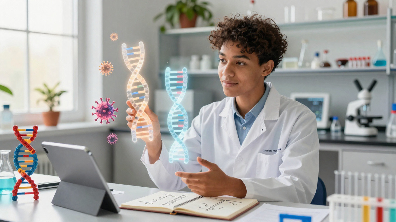 Cientista jovem em laboratório analisando hologramas de DNA e vírus com tablet e anotações.