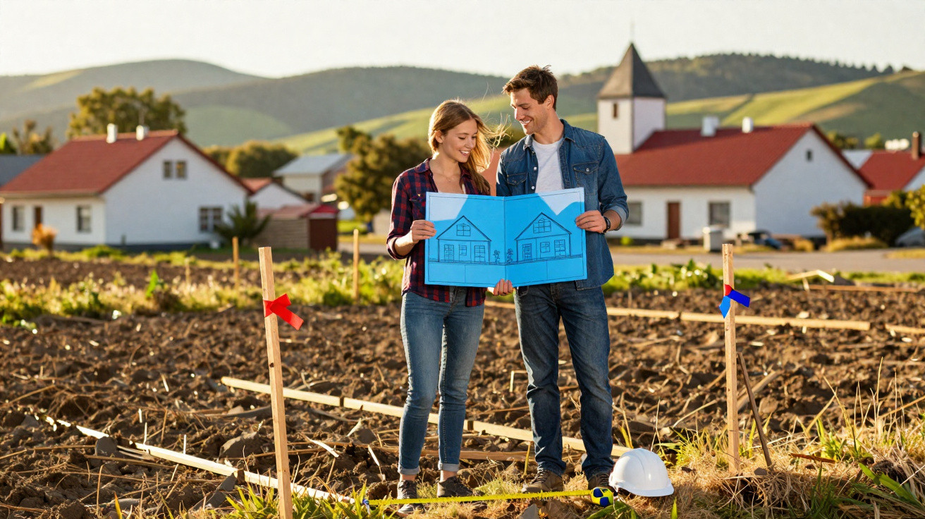 Casal jovem analisando planta baixa em terreno de construção com casas e montanhas ao fundo.