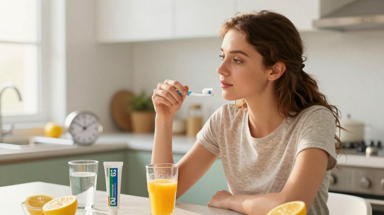 Mulher sentada na cozinha segurando escova de dentes com creme dental, suco de laranja e limões na mesa.