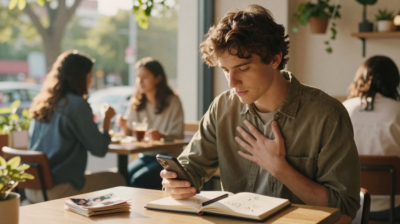 Jovem sentado em café olhando telefone com mão no peito e caderno aberto à sua frente.