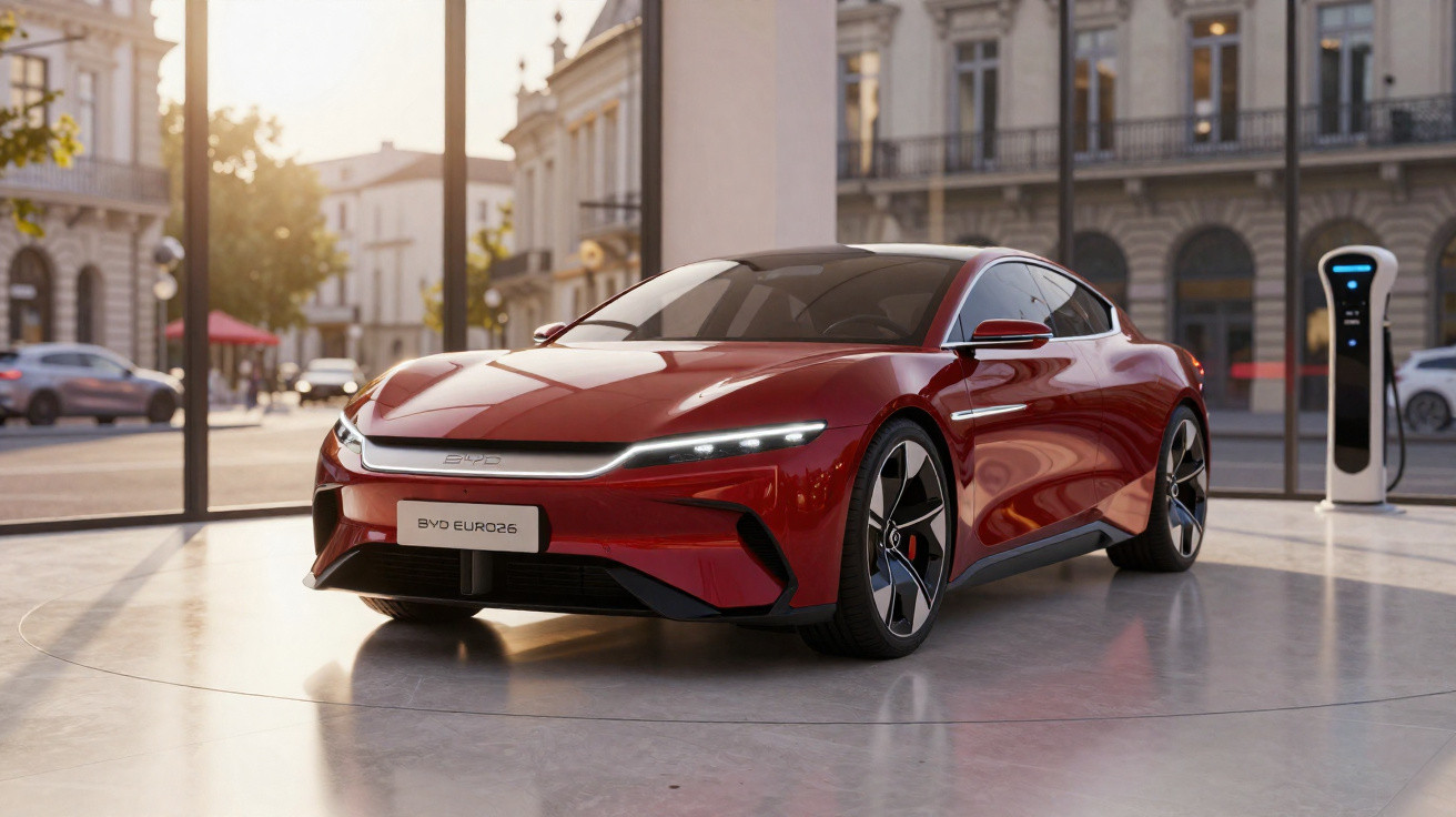 Carro elétrico esportivo vermelho estacionado em espaço urbano com estação de recarga ao fundo.