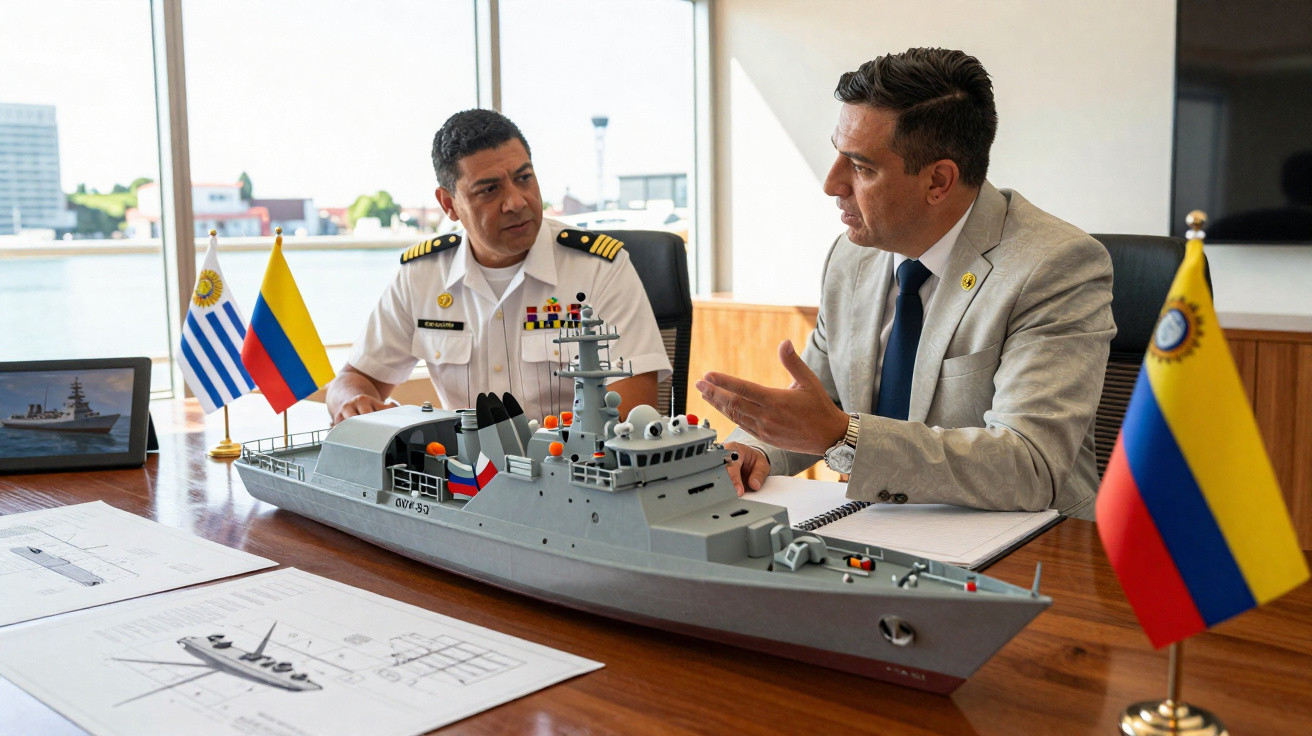 Dois homens em reunião discutem maquete de navio militar sobre mesa com desenhos técnicos e bandeiras do Uruguai e Colômbia.