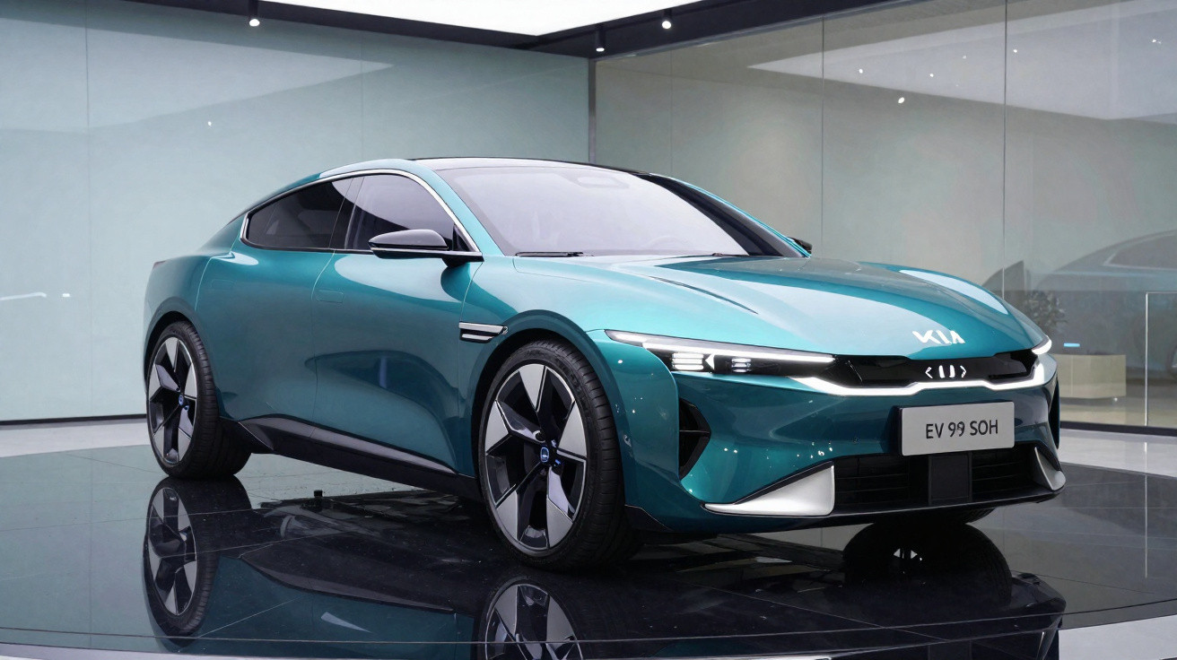 Carro elétrico Tesla azul metálico estacionado em ambiente interno moderno com piso refletivo.
