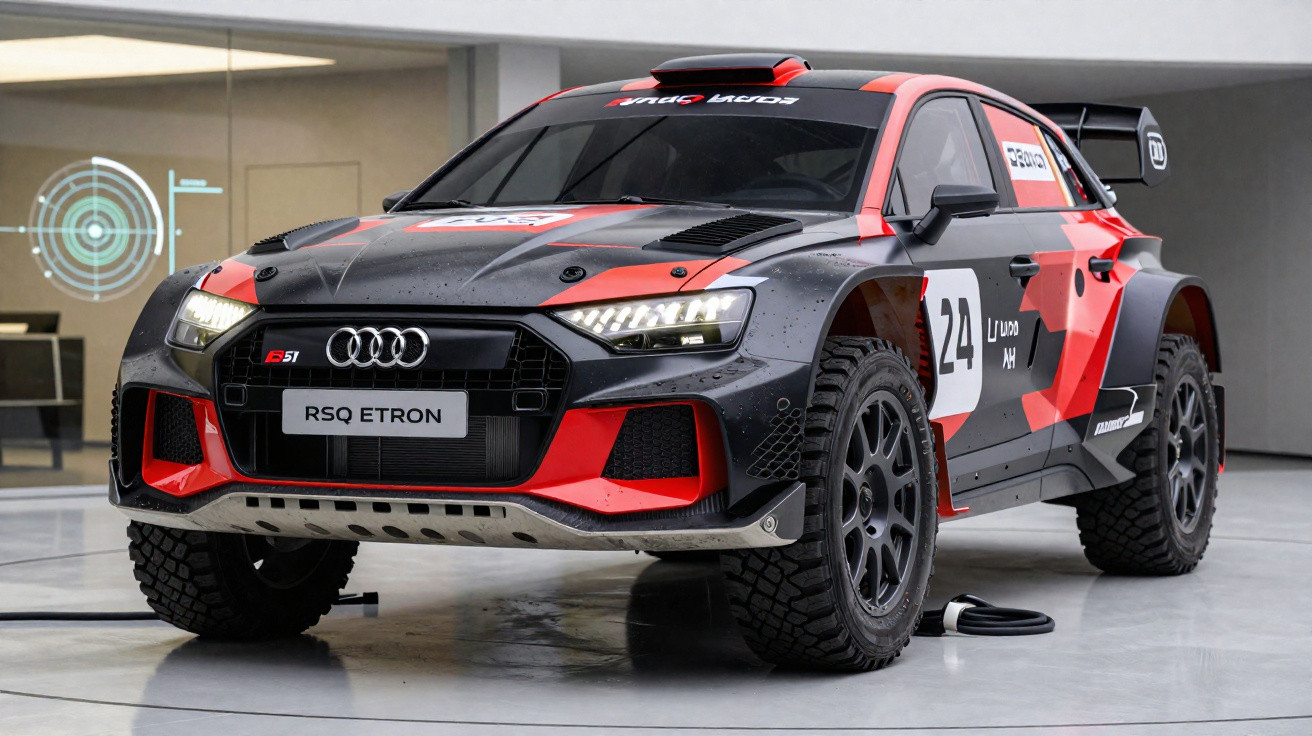 Carro de corrida Audi RS Q e-tron preto e vermelho com pneus off-road em ambiente interno moderno.
