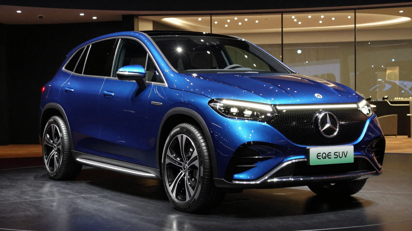 Carro SUV elétrico Mercedes-Benz EQE azul exibido em showroom com iluminação refletida no capô.