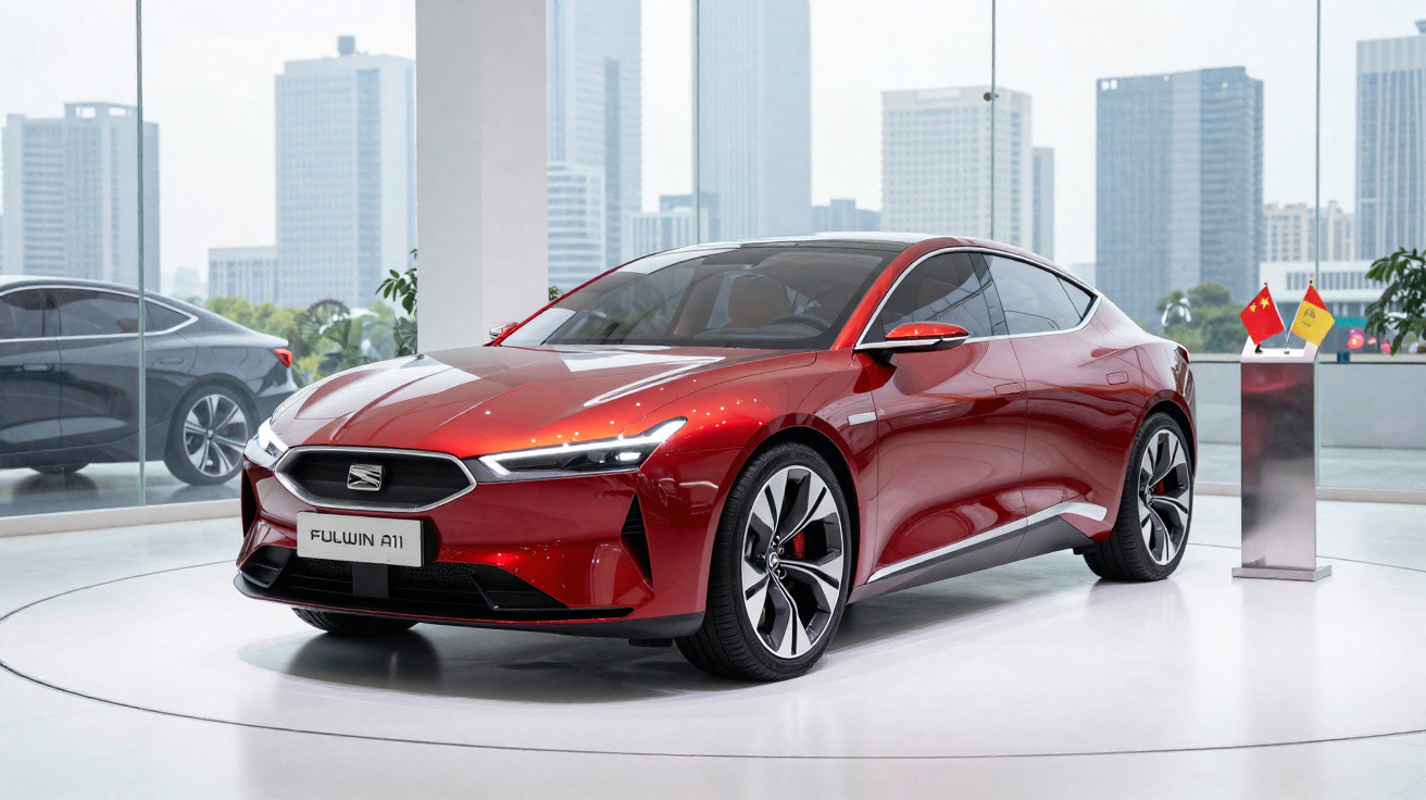 Carro elétrico esportivo vermelho em exposição, com prédios modernos ao fundo.