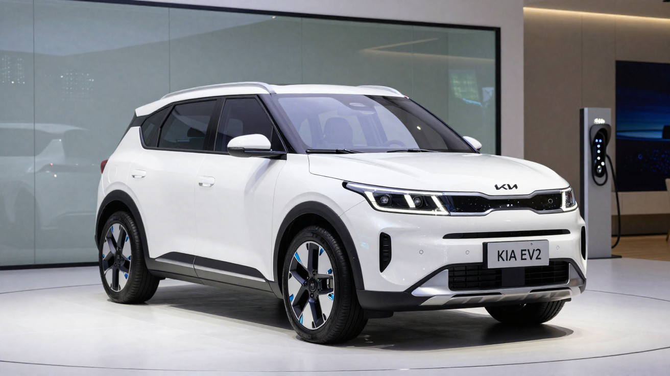 Carro elétrico branco KIA EV2 em exposição interna, com design moderno e rodas aerodinâmicas.