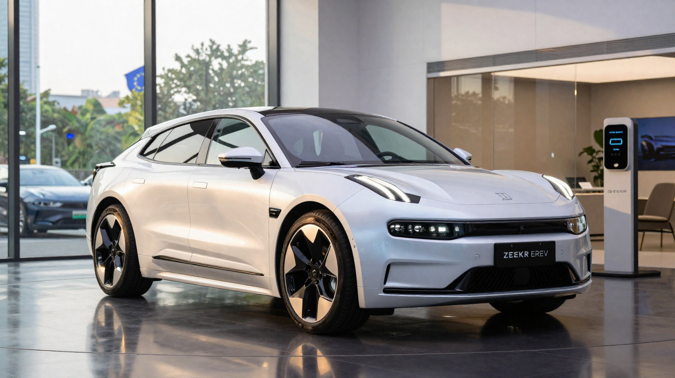 Carro elétrico cinza moderno ZEEKR EV exibido em showroom com acabamento brilhante no piso.