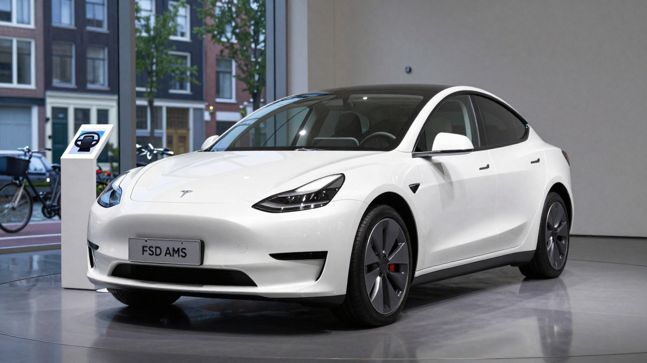 Carro elétrico branco Tesla Model 3 estacionado em showroom moderno com ponto de recarga à esquerda.