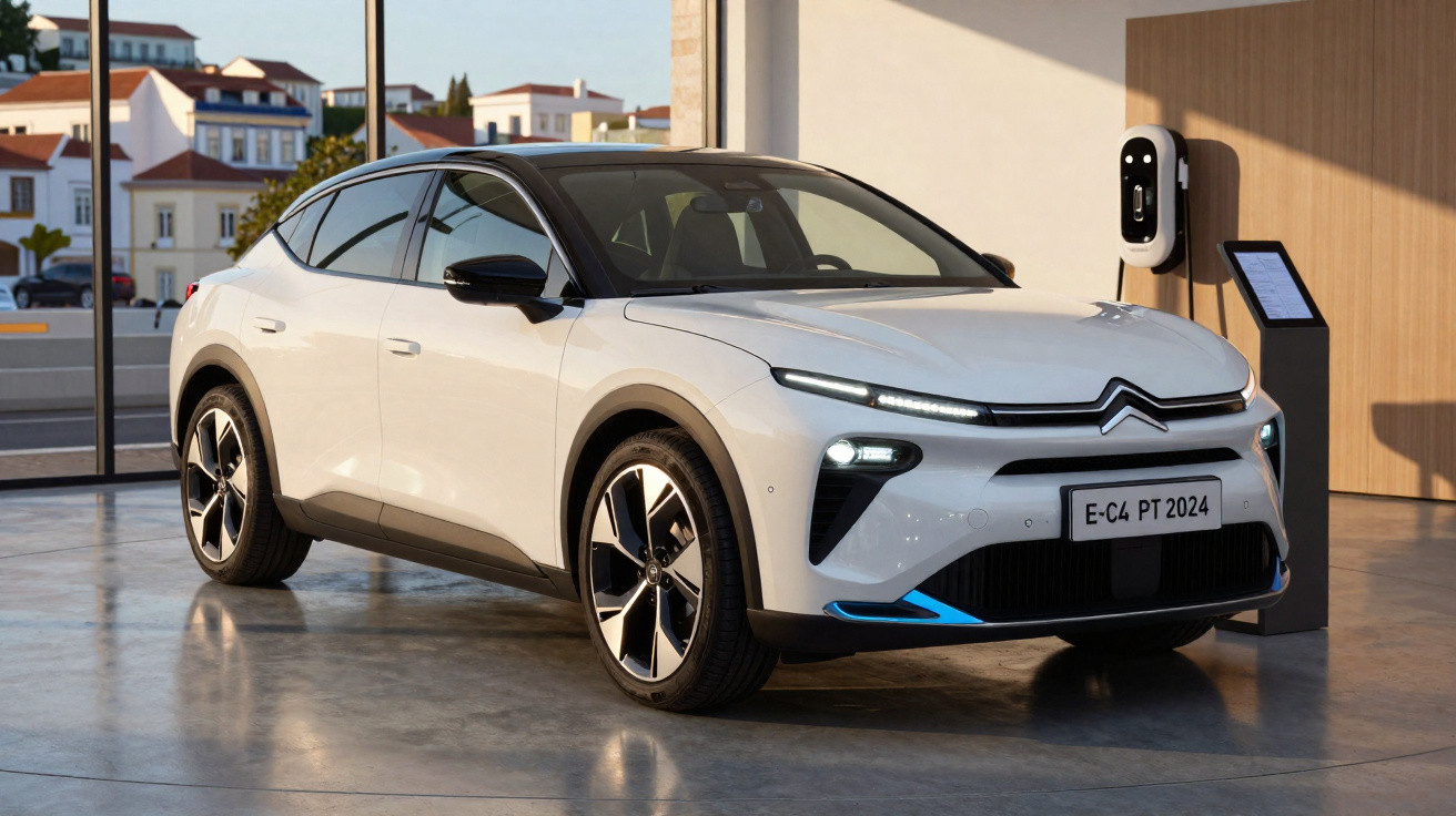 Carro elétrico Citroën E-C4 branco estacionado em showroom com estação de recarga na parede.