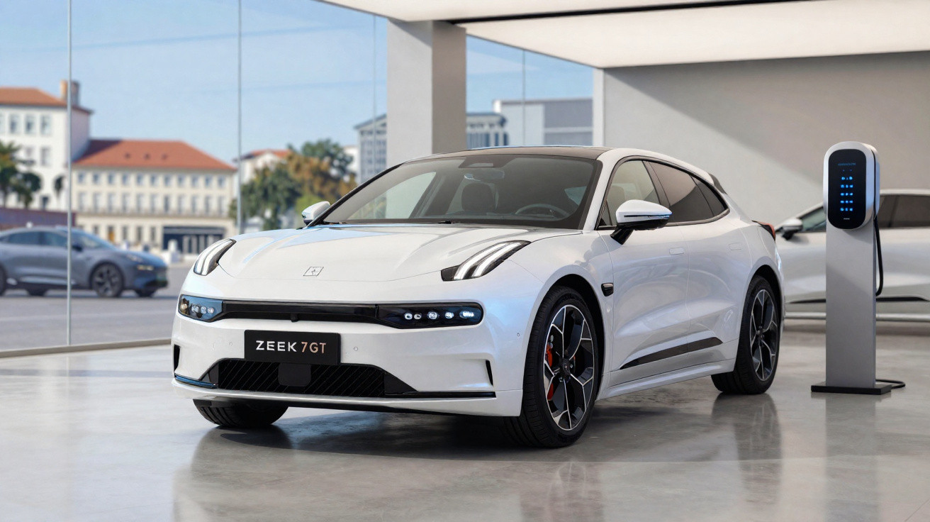 Carro elétrico branco modelo Zeek 7GT estacionado em showroom próximo a estação de carregamento.