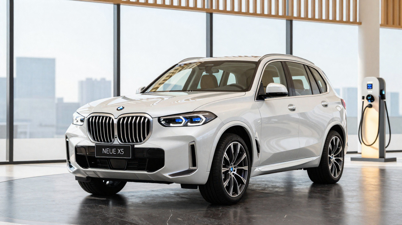 Carro BMW branco modelo Neue X5 elétrico estacionado em ambiente interno moderno com estação de recarga ao fundo.